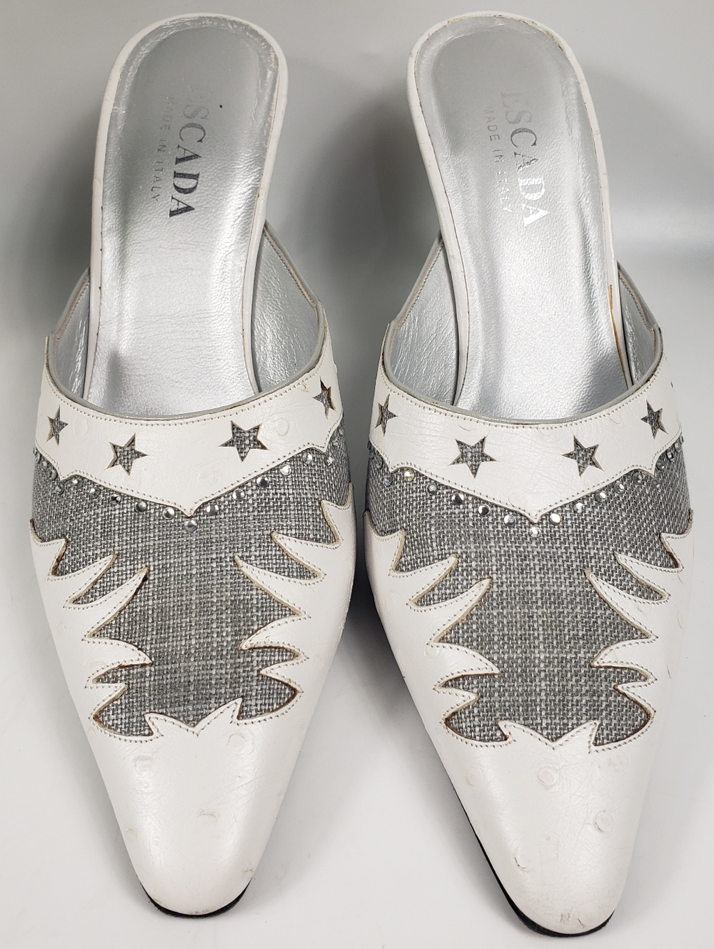 Ostrich Mule White w/ Gray Tweed - Tooled Leather Southwestern Ranch Cowgirl 8.5